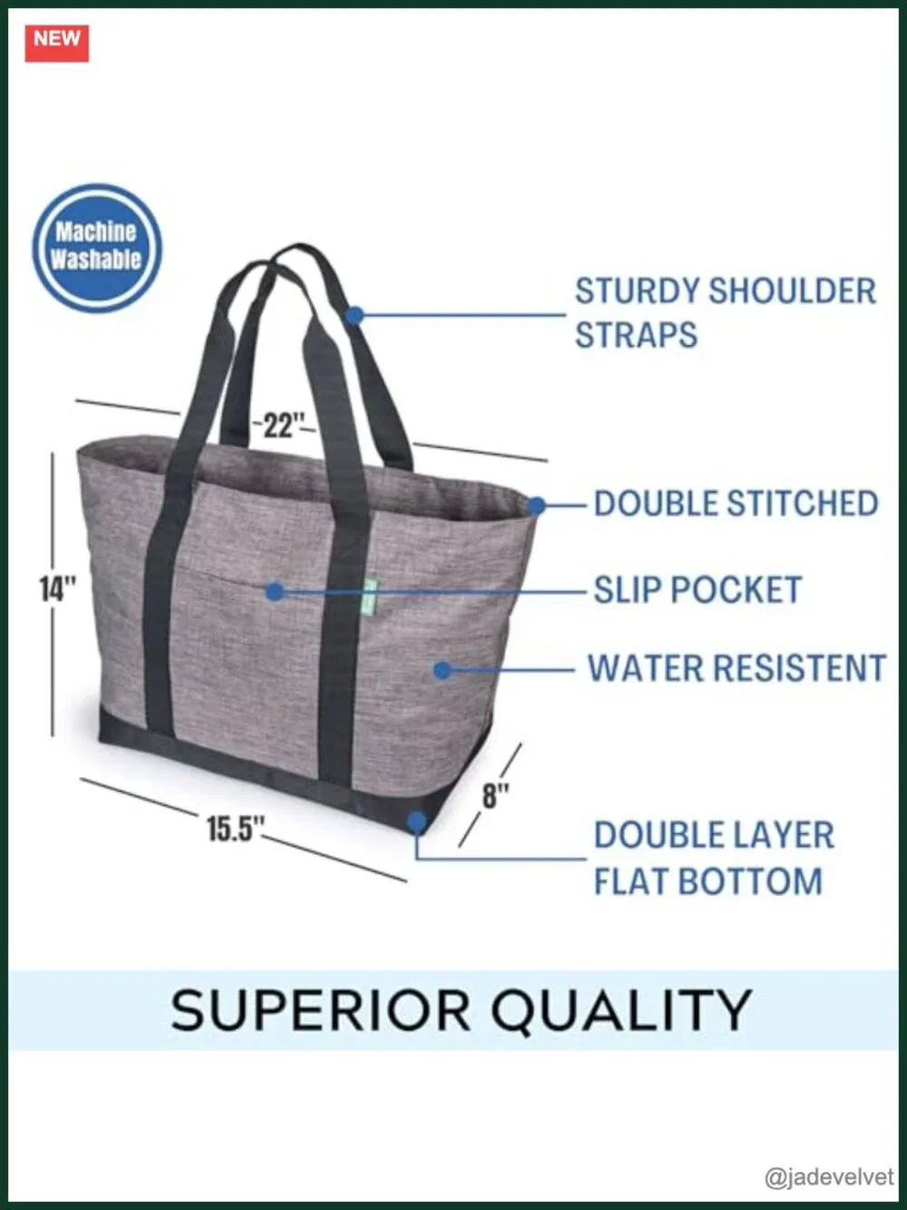 Extra Large Tote Bag, Zipper Closure, Fully Lined, Canvas Style, Carry-All,